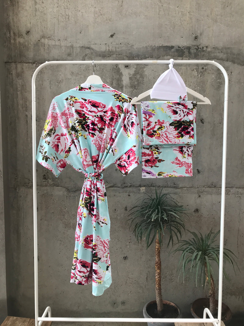 Aqua Floral Maternity robe and swaddle set boy. Mommy and me robe and swaddle set boy. In organic stretch cotton. Matching t-shirts available. - comfymommyshop.in