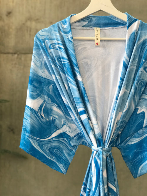 Blue Marble Maternity robe and swaddle set boy. Mommy and me robe and swaddle set boy. In organic stretch cotton. Matching t-shirts available. - comfymommyshop.in