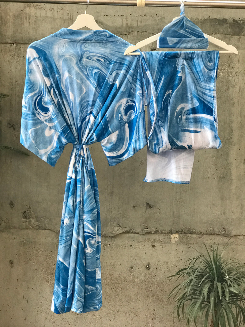 Blue Marble Maternity robe and swaddle set boy. Mommy and me robe and swaddle set boy. In organic stretch cotton. Matching t-shirts available. - comfymommyshop.in