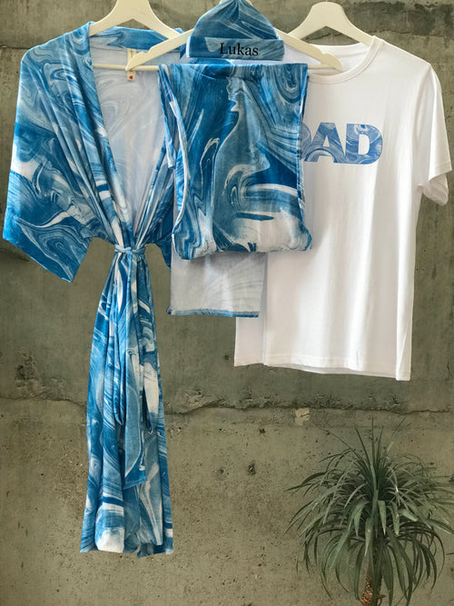 Blue Marble Maternity robe and swaddle set boy. Mommy and me robe and swaddle set boy. In organic stretch cotton. Matching t-shirts available. - comfymommyshop.in
