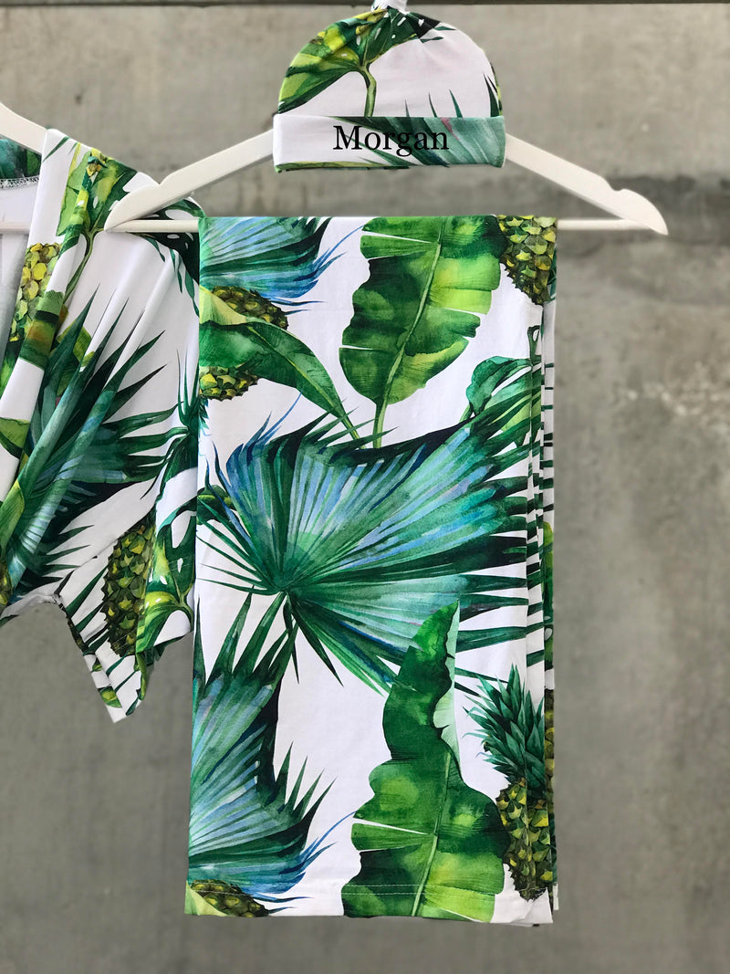 Tropical Pineapple Maternity robe and swaddle set boy. Mommy and me robe and swaddle set boy. In organic stretch cotton. Matching t-shirts available. - comfymommyshop.in