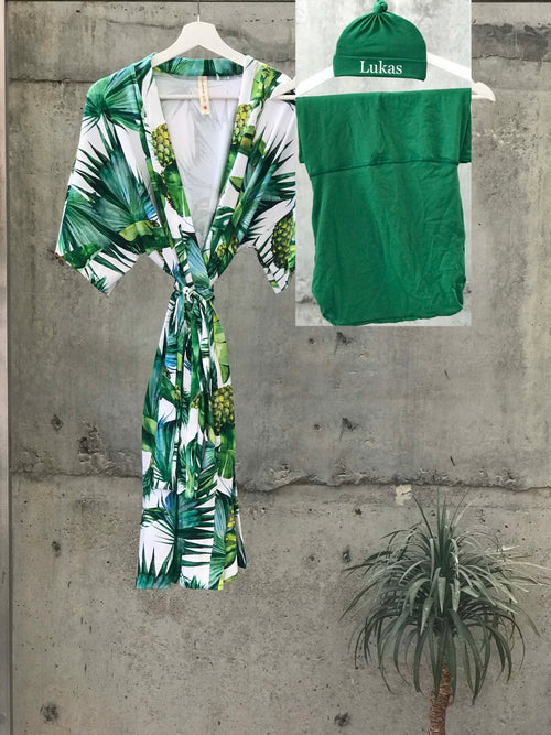 Tropical Pineapple Green Maternity robe and swaddle set boy. Mommy and me robe and swaddle set boy. In organic stretch cotton. Matching t-shirts available. - comfymommyshop.in