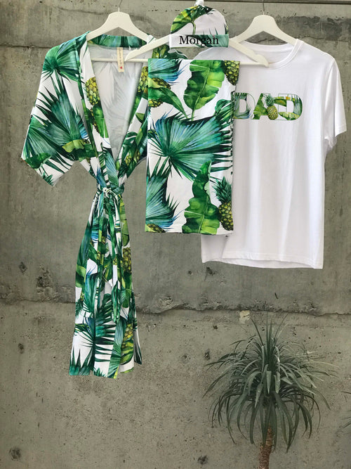 Tropical Pineapple Maternity robe and swaddle set boy. Mommy and me robe and swaddle set boy. In organic stretch cotton. Matching t-shirts available. - comfymommyshop.in