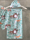 Forest animal print Maternity robe and swaddle set boy. Mommy and me robe and swaddle set boy. In organic stretch cotton. Matching t-shirts available. - comfymommyshop.in
