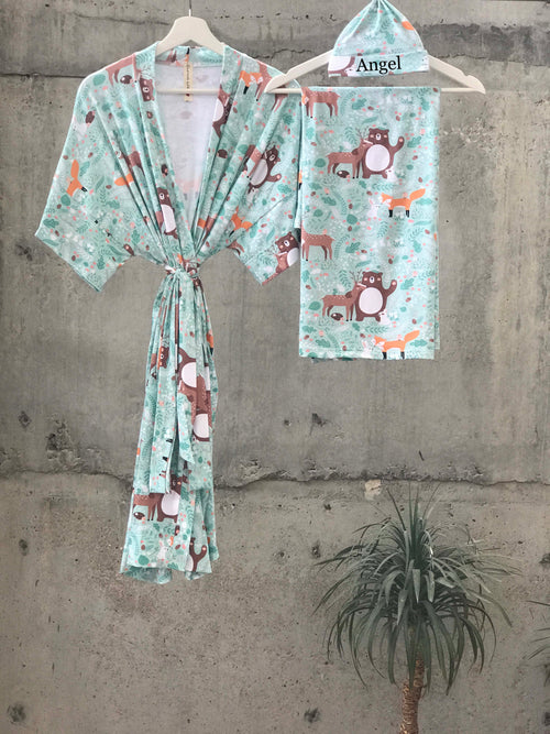 Forest animal print Maternity robe and swaddle set boy. Mommy and me robe and swaddle set boy. In organic stretch cotton. Matching t-shirts available. - comfymommyshop.in