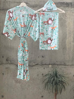 Forest animal print Maternity robe and swaddle set boy. Mommy and me robe and swaddle set boy. In organic stretch cotton. Matching t-shirts available. - comfymommyshop.in