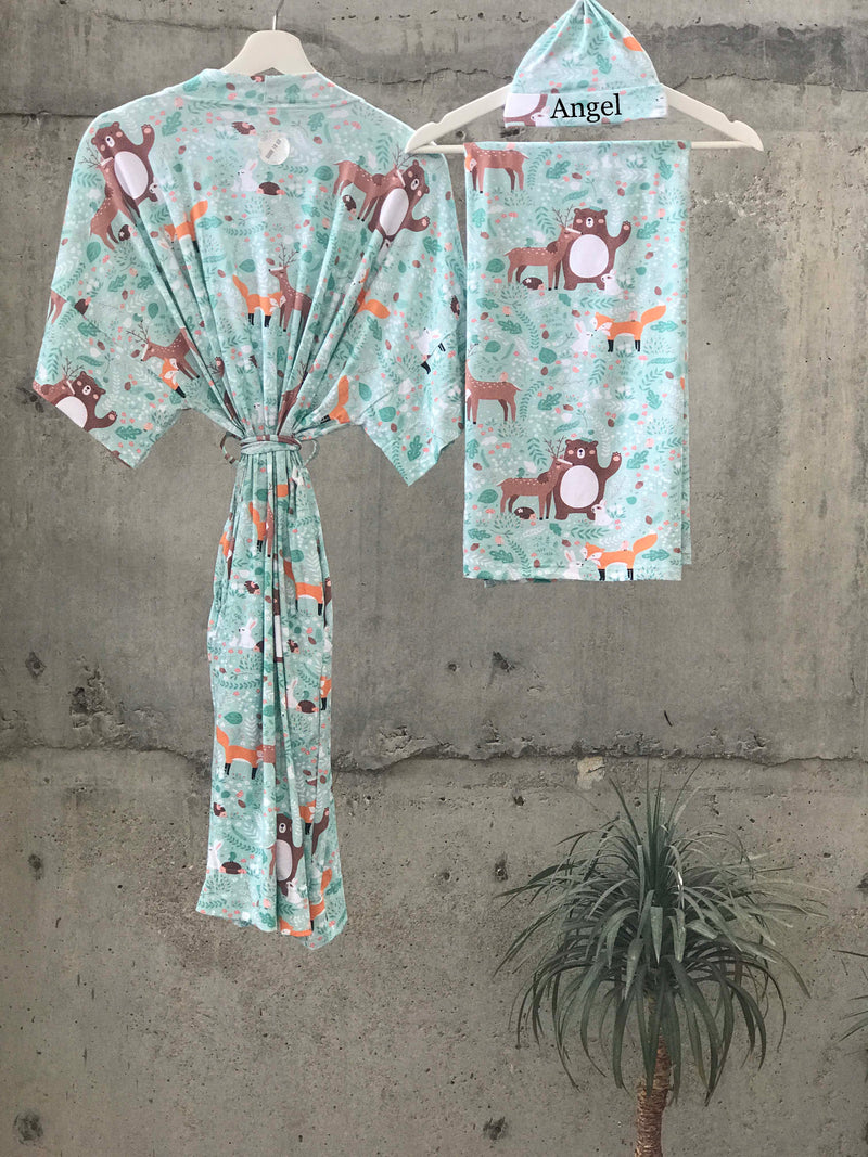 Forest animal print Maternity robe and swaddle set boy. Mommy and me robe and swaddle set boy. In organic stretch cotton. Matching t-shirts available. - comfymommyshop.in