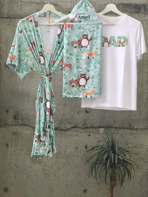 Forest animal print Maternity robe and swaddle set boy. Mommy and me robe and swaddle set boy. In organic stretch cotton. Matching t-shirts available. - comfymommyshop.in