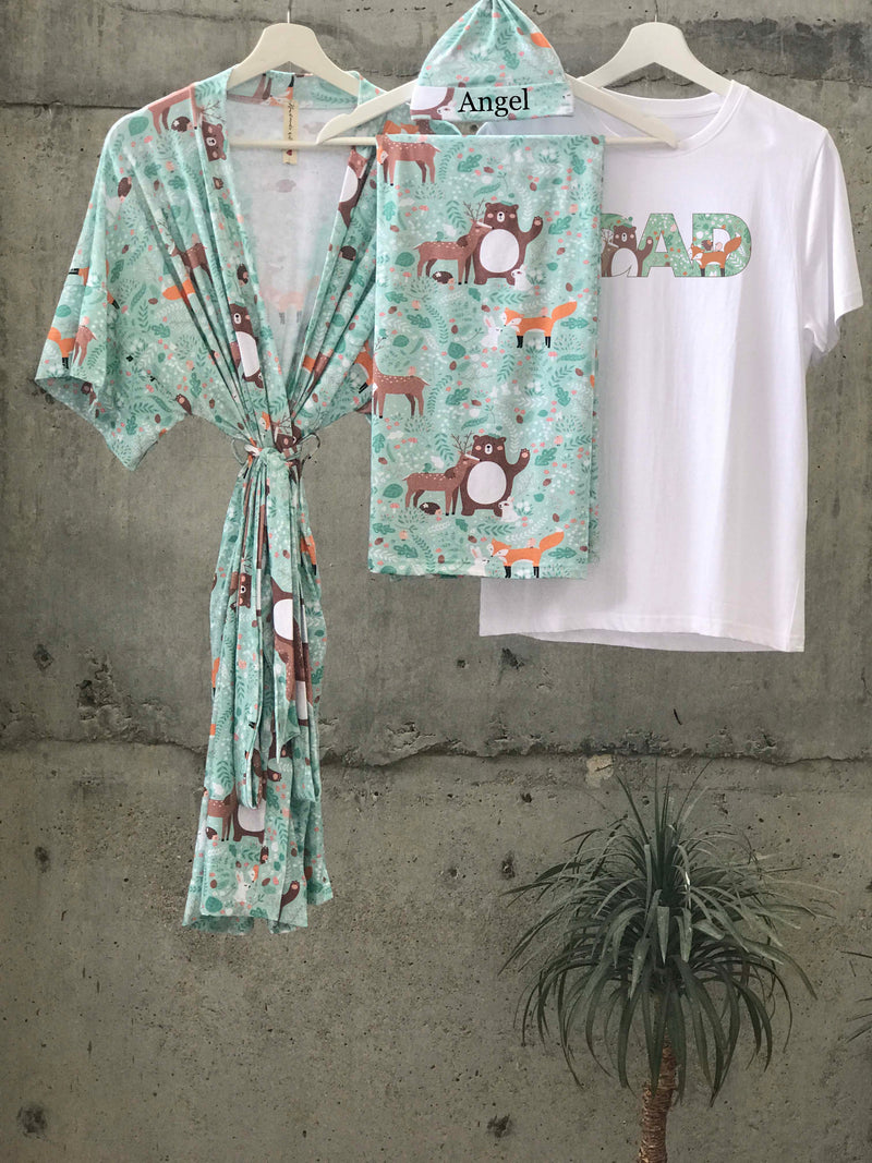 Forest animal print Maternity robe and swaddle set boy. Mommy and me robe and swaddle set boy. In organic stretch cotton. Matching t-shirts available. - comfymommyshop.in