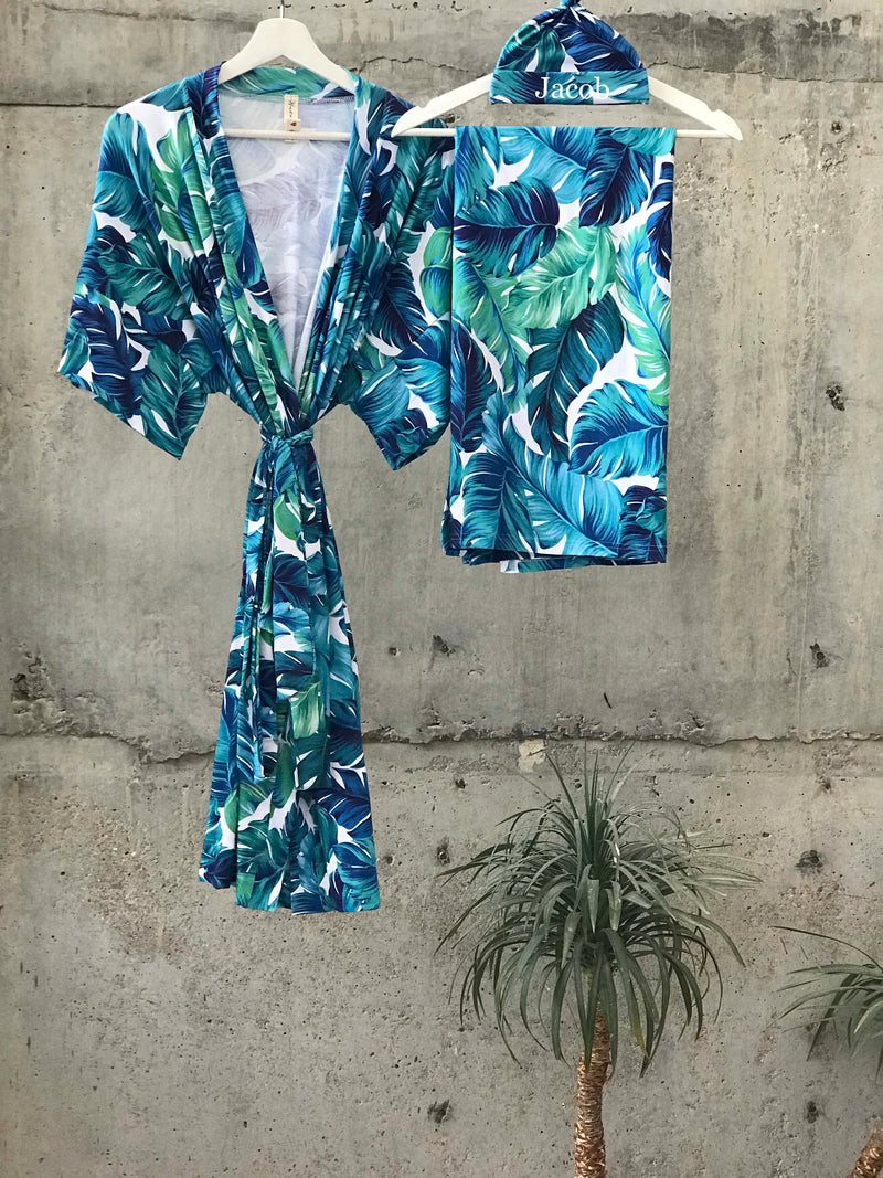 Big Tropical Maternity robe and swaddle set boy. Mommy and me robe and swaddle set boy. In organic stretch cotton. Matching t-shirts available. - comfymommyshop.in