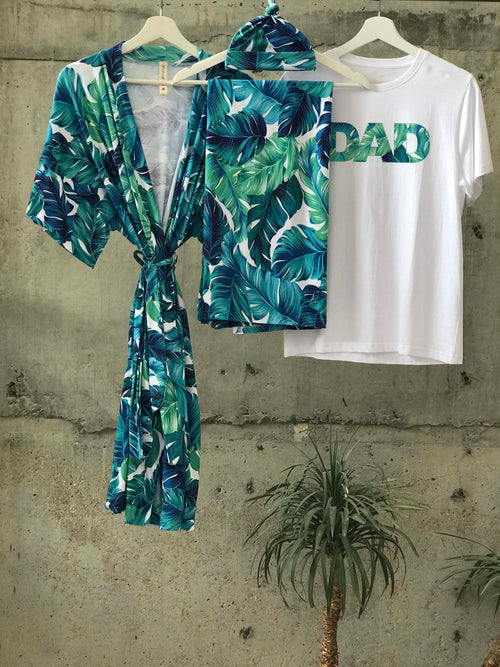 Big Tropical Maternity robe and swaddle set boy. Mommy and me robe and swaddle set boy. In organic stretch cotton. Matching t-shirts available. - comfymommyshop.in