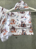 owl bear fox Maternity robe and swaddle set boy. Mommy and me robe and swaddle set boy. In organic stretch cotton. Matching t-shirts available. - comfymommyshop.in
