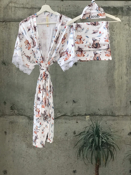owl bear fox Maternity robe and swaddle set boy. Mommy and me robe and swaddle set boy. In organic stretch cotton. Matching t-shirts available. - comfymommyshop.in