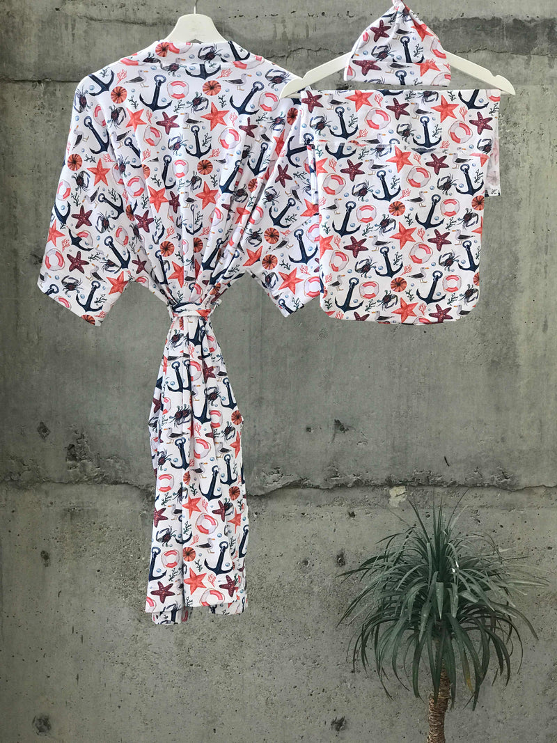 Anchor Sea Fish Maternity robe and swaddle set boy. Mommy and me robe and swaddle set boy. In organic stretch cotton. Hos Matching t-shirts available. - comfymommyshop.in