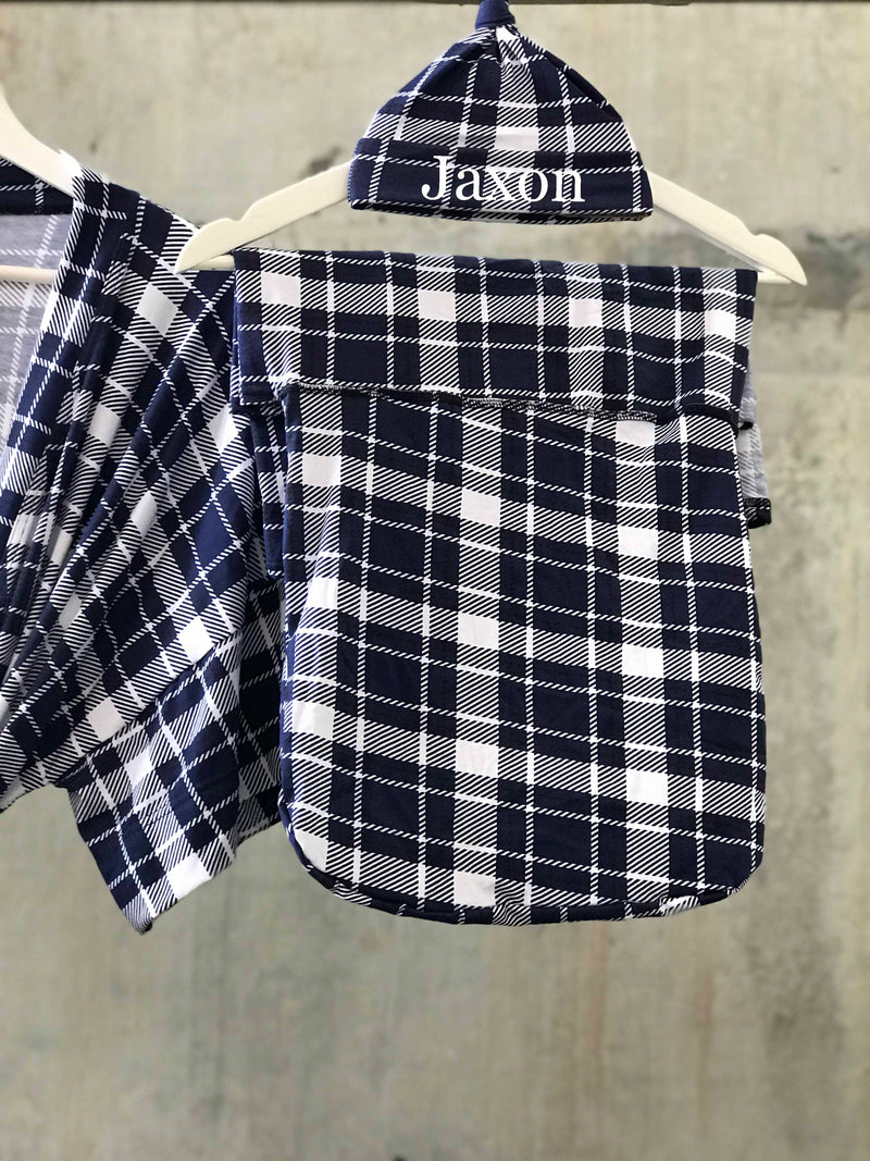 Scotish white print Maternity robe and swaddle set boy. Mommy and me robe and swaddle set boy. In organic stretch cotton. Matching t-shirts available. - comfymommyshop.in