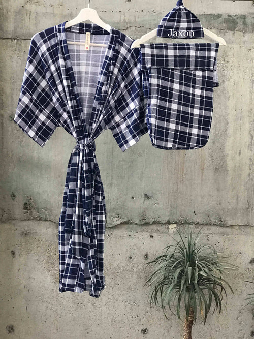 Scotish white print Maternity robe and swaddle set boy. Mommy and me robe and swaddle set boy. In organic stretch cotton. Matching t-shirts available. - comfymommyshop.in