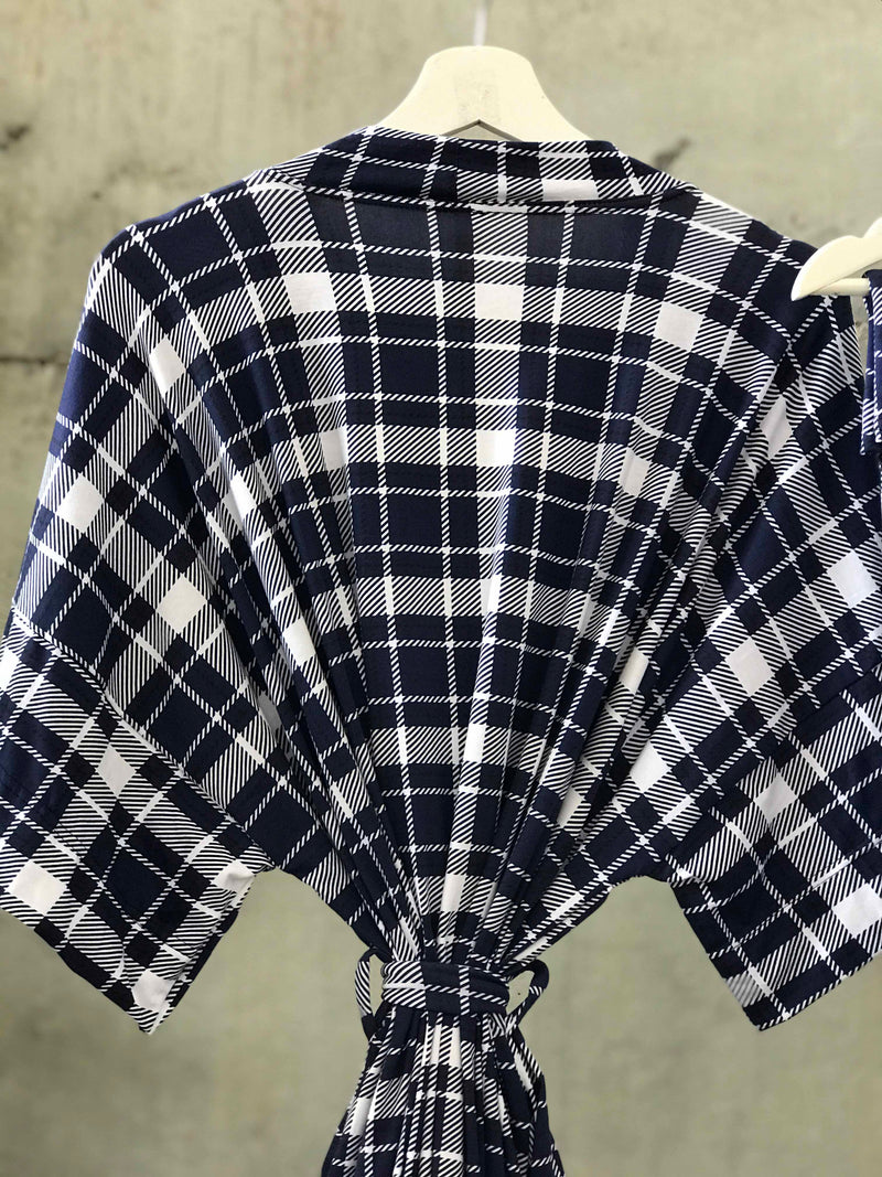 Scotish white print Maternity robe and swaddle set boy. Mommy and me robe and swaddle set boy. In organic stretch cotton. Matching t-shirts available. - comfymommyshop.in