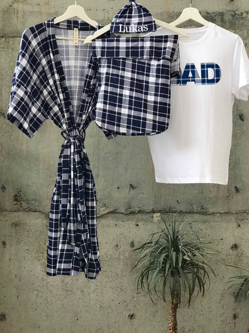 Scotish white print Maternity robe and swaddle set boy. Mommy and me robe and swaddle set boy. In organic stretch cotton. Matching t-shirts available. - comfymommyshop.in