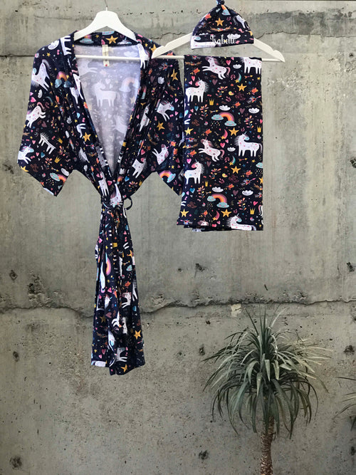Unicorn print Maternity robe and swaddle set boy. Mommy and me robe and swaddle set boy. In organic stretch cotton. Matching t-shirts available. - comfymommyshop.in