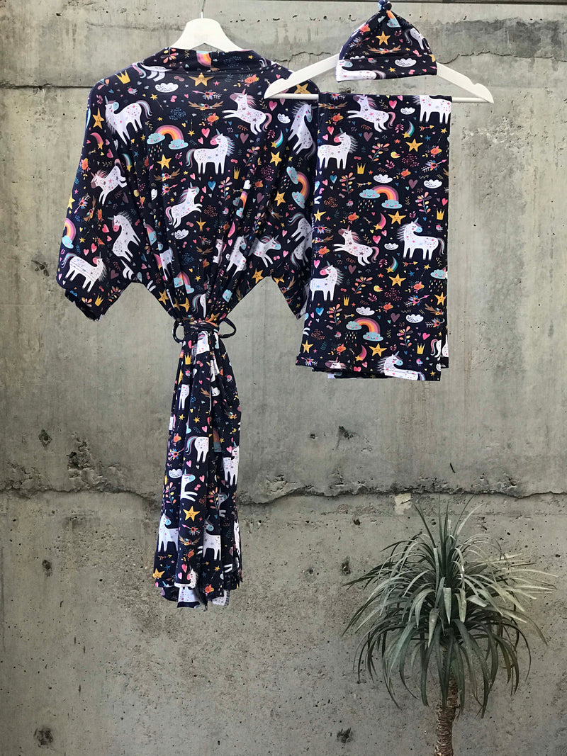 Unicorn print Maternity robe and swaddle set boy. Mommy and me robe and swaddle set boy. In organic stretch cotton. Matching t-shirts available. - comfymommyshop.in