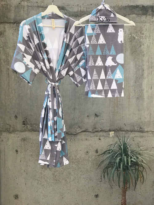 mountain polar bear Maternity robe and swaddle set boy. Mommy and me robe and swaddle set boy. In organic stretch cotton. Hos Matching t-shirts available. - comfymommyshop.in