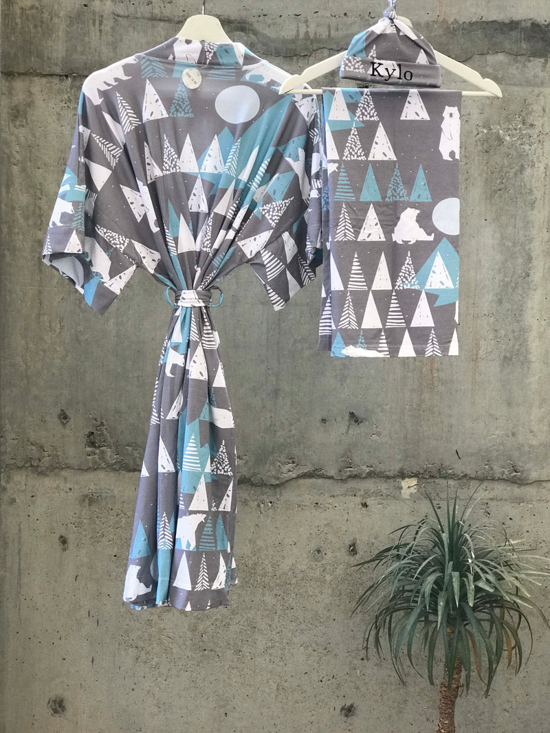 mountain polar bear Maternity robe and swaddle set boy. Mommy and me robe and swaddle set boy. In organic stretch cotton. Hos Matching t-shirts available. - comfymommyshop.in