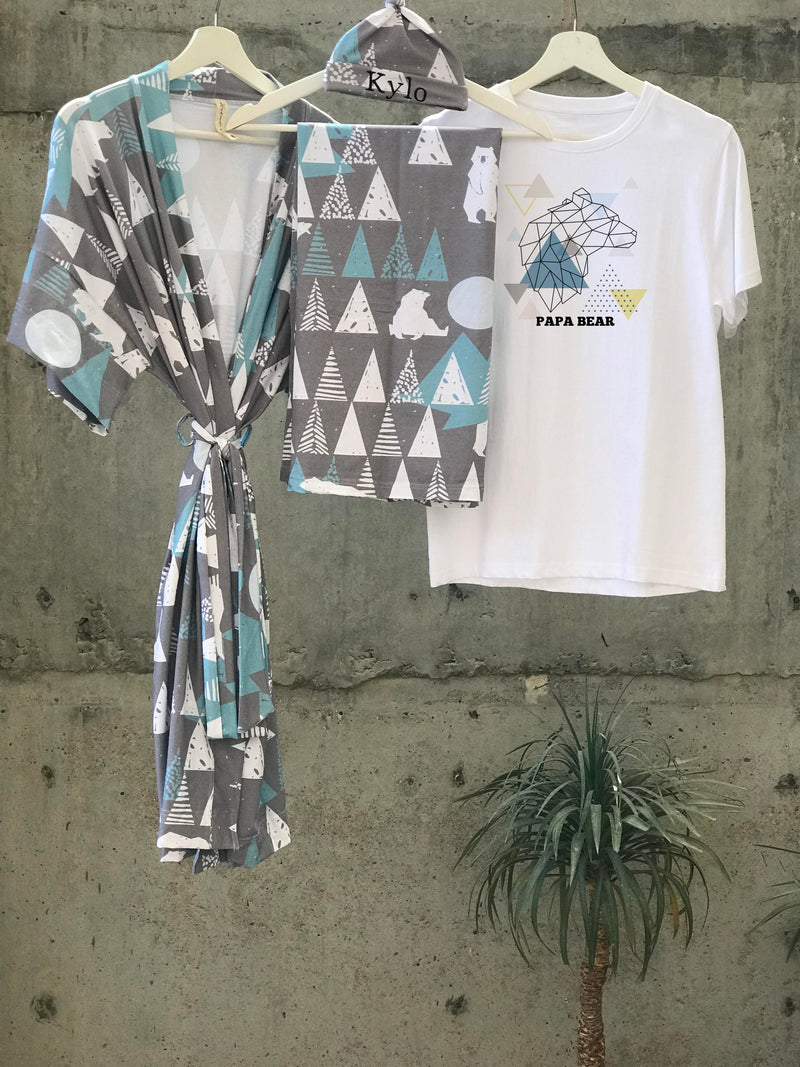 mountain polar bear Maternity robe and swaddle set boy. Mommy and me robe and swaddle set boy. In organic stretch cotton. Hos Matching t-shirts available. - comfymommyshop.in