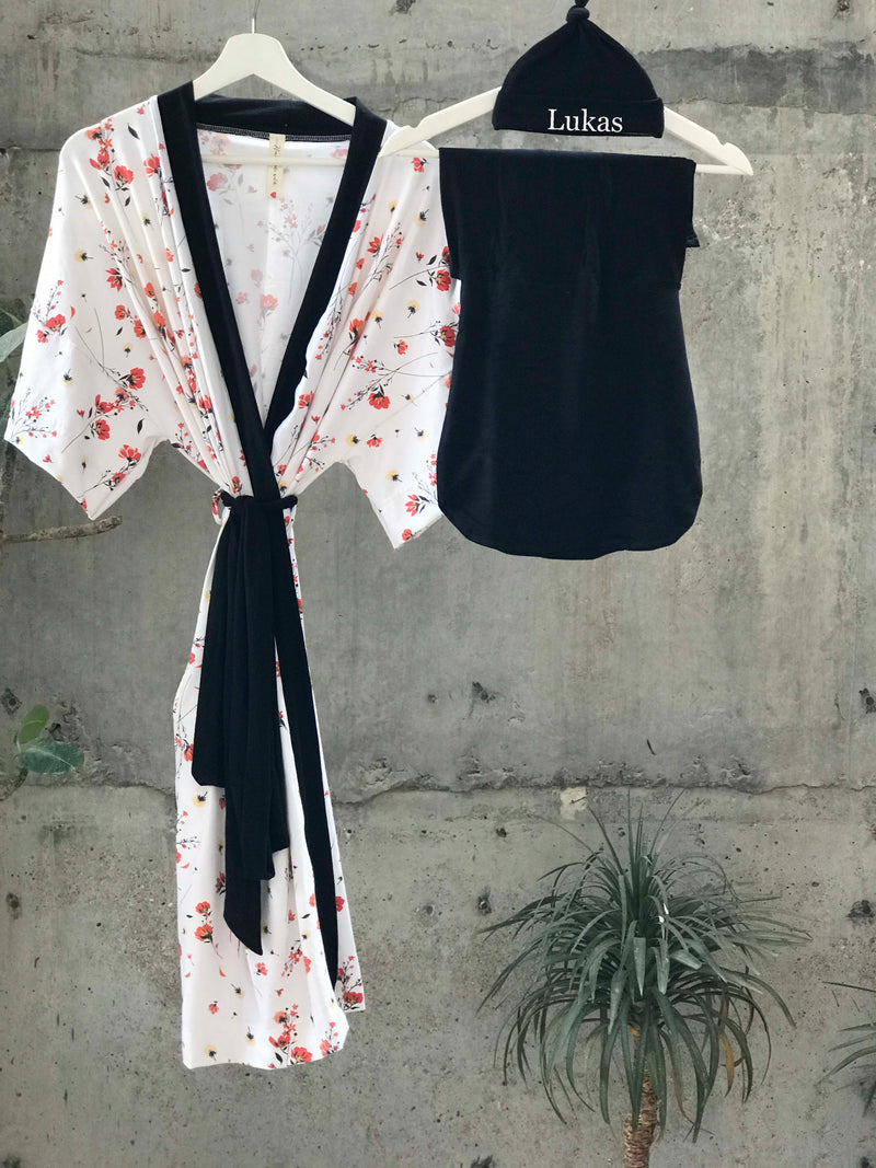 Reds Mall Floral Maternity robe and swaddle set boy. Mommy and me robe and swaddle set boy. In organic stretch cotton. Matching t-shirts available. - comfymommyshop.in