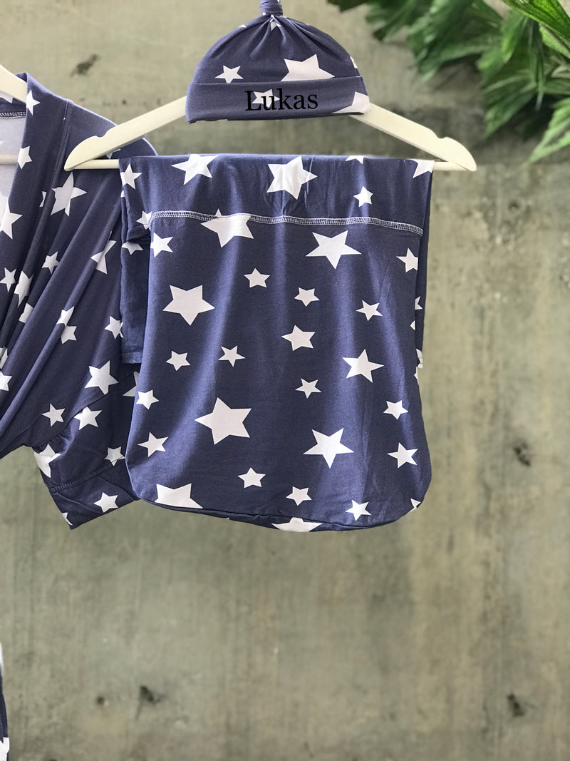 Maternity robe and swaddle set boy. Mommy and me robe and swaddle set boy. In organic stretch cotton. Sog Matching t-shirts available. - comfymommyshop.in