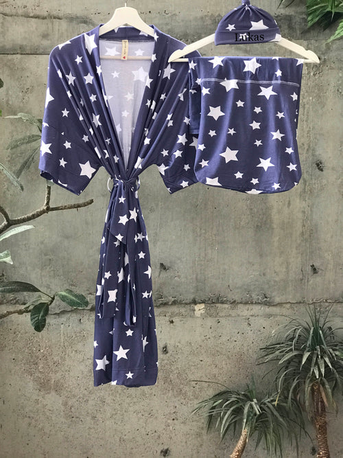 Maternity robe and swaddle set boy. Mommy and me robe and swaddle set boy. In organic stretch cotton. Sog Matching t-shirts available. - comfymommyshop.in