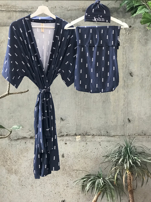 Maternity robe and swaddle set boy. Mommy and me robe and swaddle set boy. In organic stretch cotton. Tog Matching t-shirts available. - comfymommyshop.in