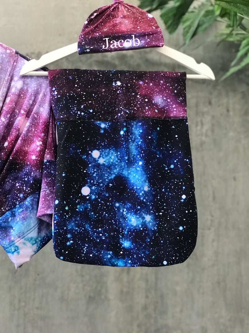 Galaxy Maternity robe and swaddle set boy. Mommy and me robe and swaddle set boy. In organic stretch cotton. Matching t-shirts available. - comfymommyshop.in