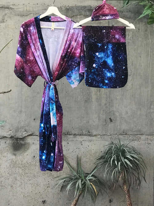 Galaxy Maternity robe and swaddle set boy. Mommy and me robe and swaddle set boy. In organic stretch cotton. Matching t-shirts available. - comfymommyshop.in