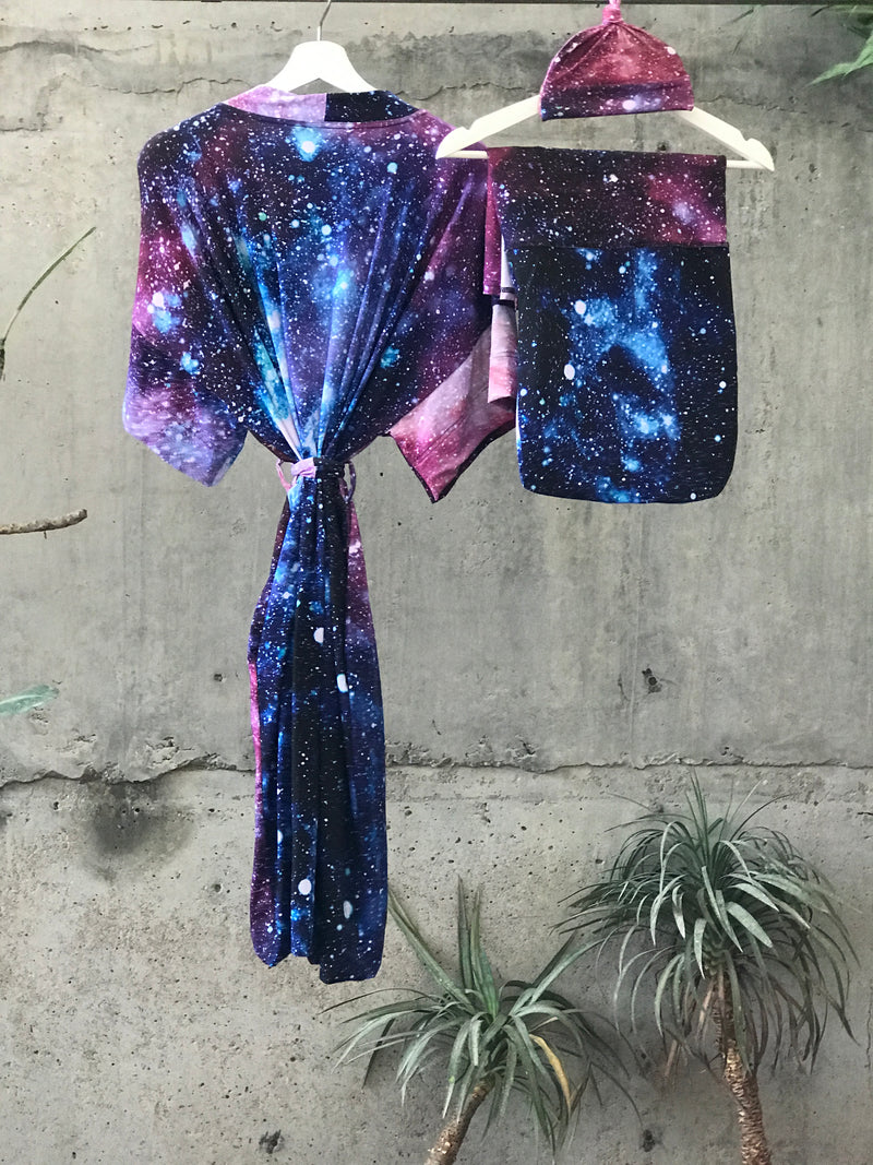 Galaxy Maternity robe and swaddle set boy. Mommy and me robe and swaddle set boy. In organic stretch cotton. Matching t-shirts available. - comfymommyshop.in
