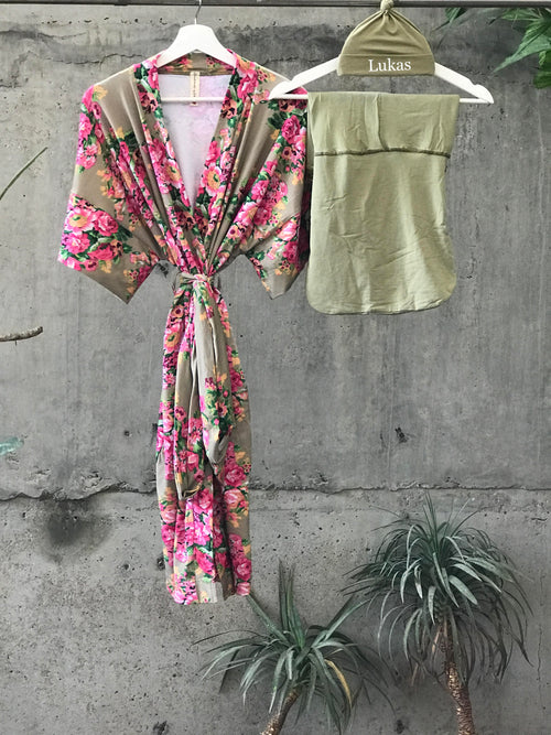 Maternity robe and swaddle set boy. Mommy and me robe and swaddle set boy. In organic stretch cotton. Hos Matching t-shirts available. - comfymommyshop.in