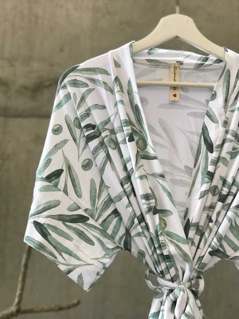 Olive Leaves Maternity robe and swaddle set boy. Mommy and me robe and swaddle set boy. In organic stretch cotton. Matching t-shirts available. - comfymommyshop.in