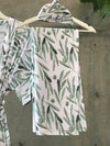 Olive Leaves Maternity robe and swaddle set boy. Mommy and me robe and swaddle set boy. In organic stretch cotton. Matching t-shirts available. - comfymommyshop.in