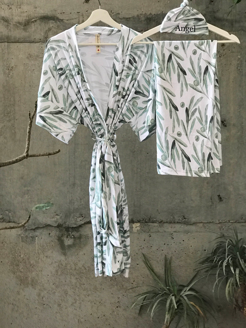 Olive Leaves Maternity robe and swaddle set boy. Mommy and me robe and swaddle set boy. In organic stretch cotton. Matching t-shirts available. - comfymommyshop.in