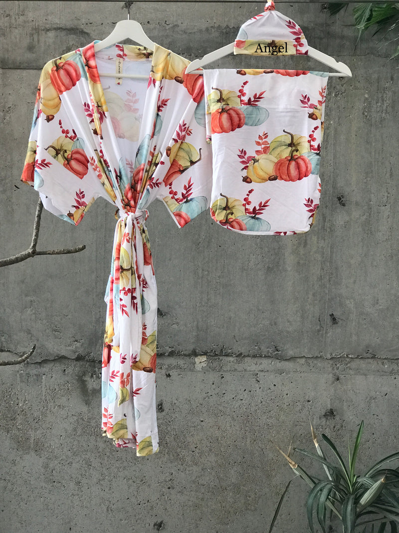 Autumn Break Maternity robe and swaddle set boy. Mommy and me robe and swaddle set boy. In organic stretch cotton. Matching t-shirts available. - comfymommyshop.in