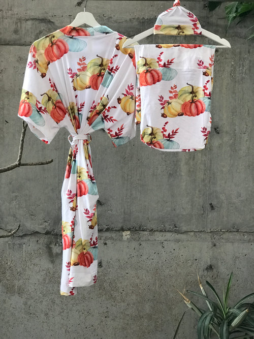 Autumn Break Maternity robe and swaddle set boy. Mommy and me robe and swaddle set boy. In organic stretch cotton. Matching t-shirts available. - comfymommyshop.in