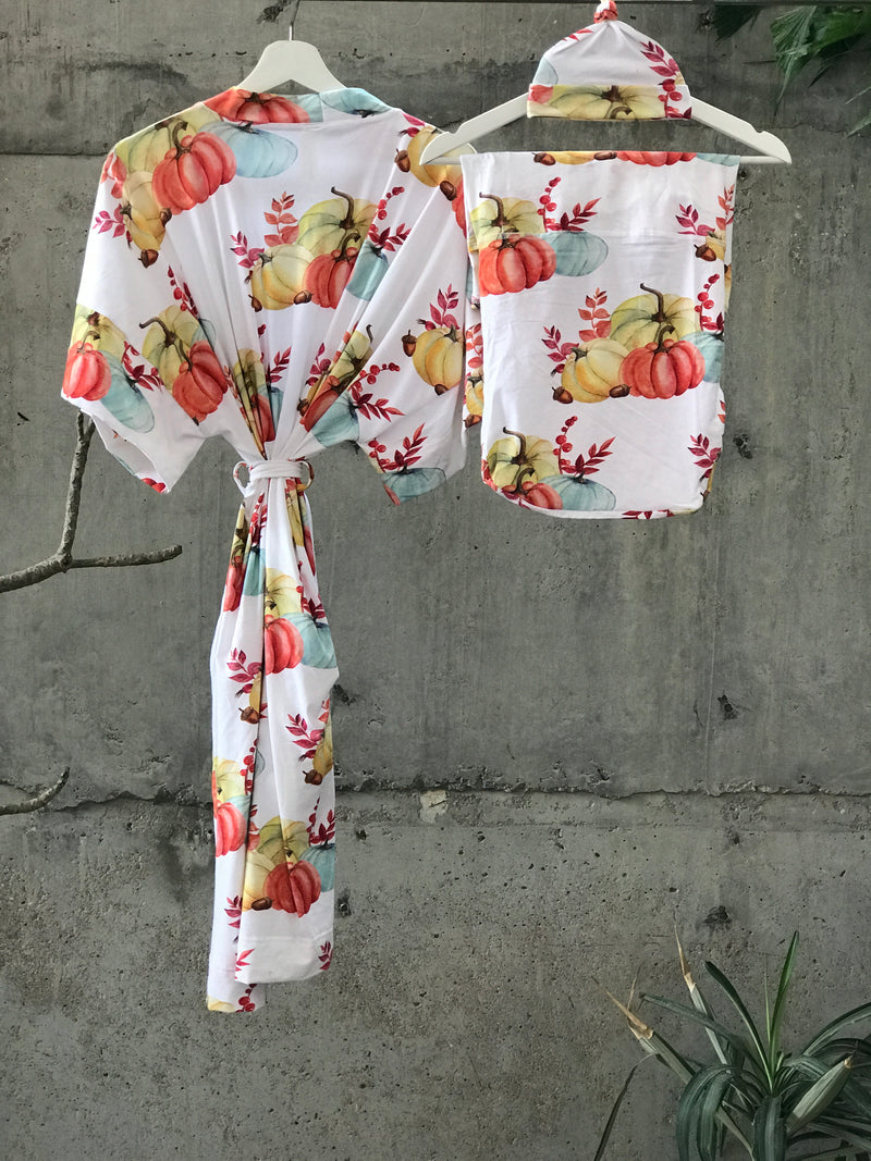 Autumn Break Maternity robe and swaddle set boy. Mommy and me robe and swaddle set boy. In organic stretch cotton. Matching t-shirts available. - comfymommyshop.in