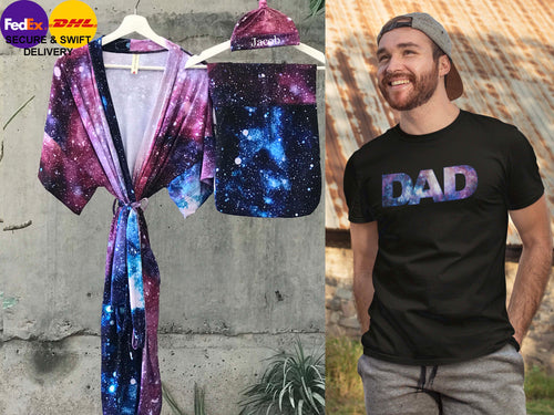 Galaxy Maternity robe and swaddle set boy. Mommy and me robe and swaddle set boy. In organic stretch cotton. Matching t-shirts available. - comfymommyshop.in