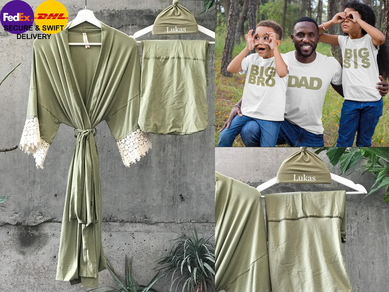 Olive Maternity set robe + swaddle set + dad t shirt