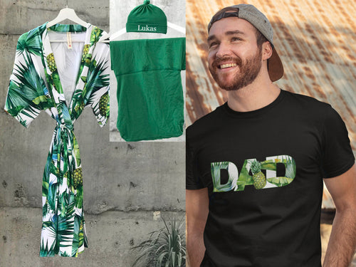 Tropical Pineapple Green Maternity robe and swaddle set boy. Mommy and me robe and swaddle set boy. In organic stretch cotton. Matching t-shirts available. - comfymommyshop.in