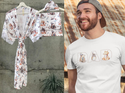 owl bear fox Maternity robe and swaddle set boy. Mommy and me robe and swaddle set boy. In organic stretch cotton. Matching t-shirts available. - comfymommyshop.in