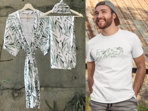 Olive Leaves Maternity robe and swaddle set boy. Mommy and me robe and swaddle set boy. In organic stretch cotton. Matching t-shirts available. - comfymommyshop.in