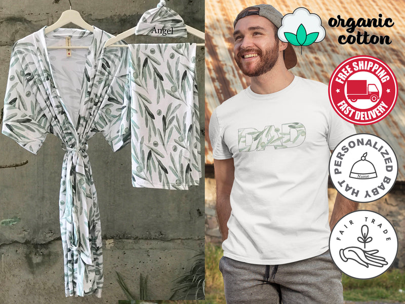 Organic Maternity robe and swaddle set with personalized baby hat. Perfect baby shower gift in Olive leaves pattern.