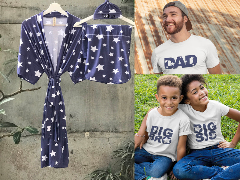Maternity robe and swaddle set boy. Mommy and me robe and swaddle set boy. In organic stretch cotton. Sog Matching t-shirts available. - comfymommyshop.in