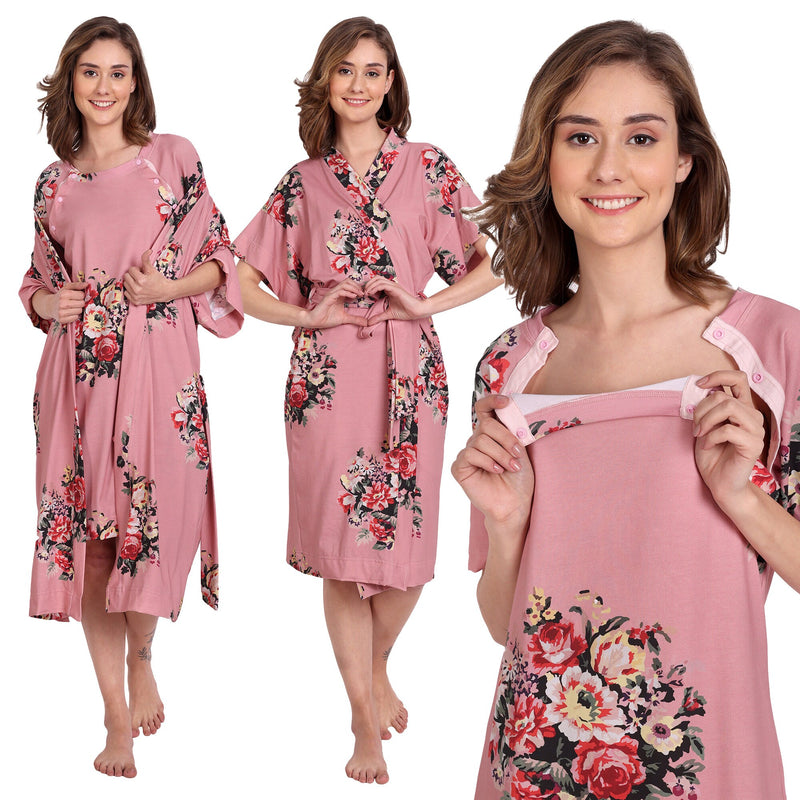 RoseGold floral Delivery Gown for Birthing, feeding, Robe, deep pockets, soft feel stretchy organic  cotton fabric, mom gift at baby shower