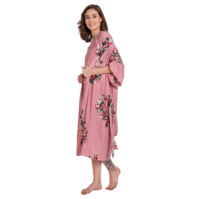 RoseGold floral Delivery Gown for Birthing, feeding, Robe, deep pockets, soft feel stretchy organic  cotton fabric, mom gift at baby shower